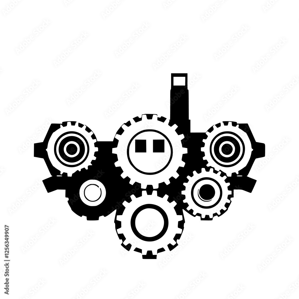 Black and white gears of the machinery, representing a precise and structured design. Black and white gears of the machinery, representing a precise and structured design.