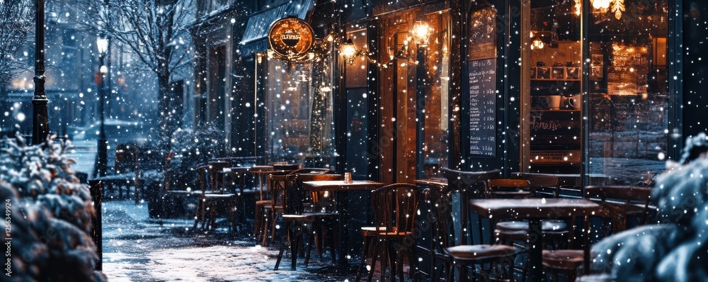 Fototapeta premium Cozy european street café in winter snowfall