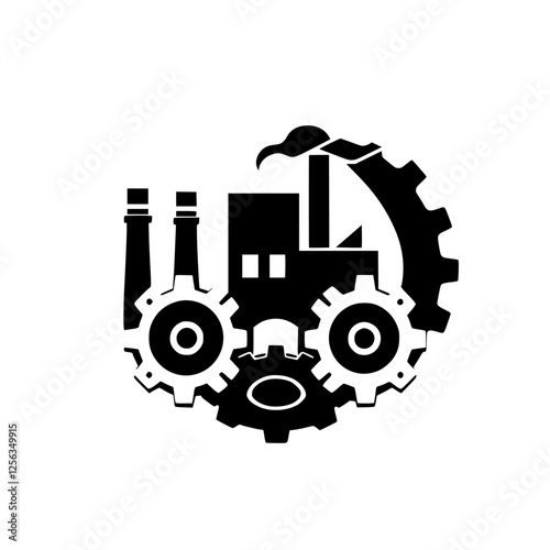 Factory industrial logo combining gears and buildings.