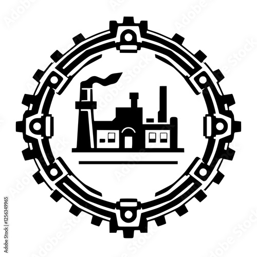 Industrial factory within gearwheel ring, a black and white composition.