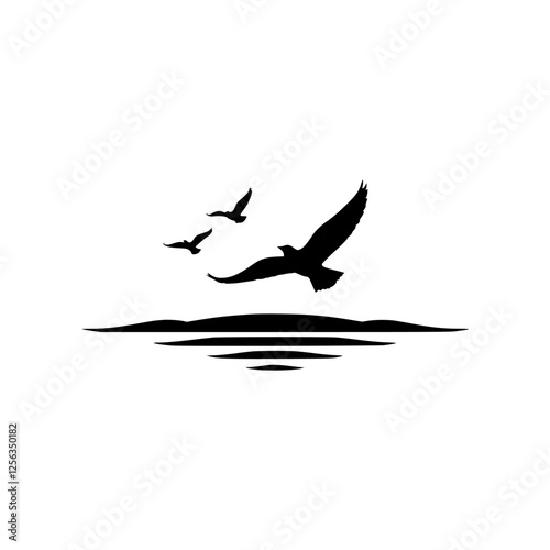 Three silhouetted birds flying over a black and white illustration of the ocean and land.