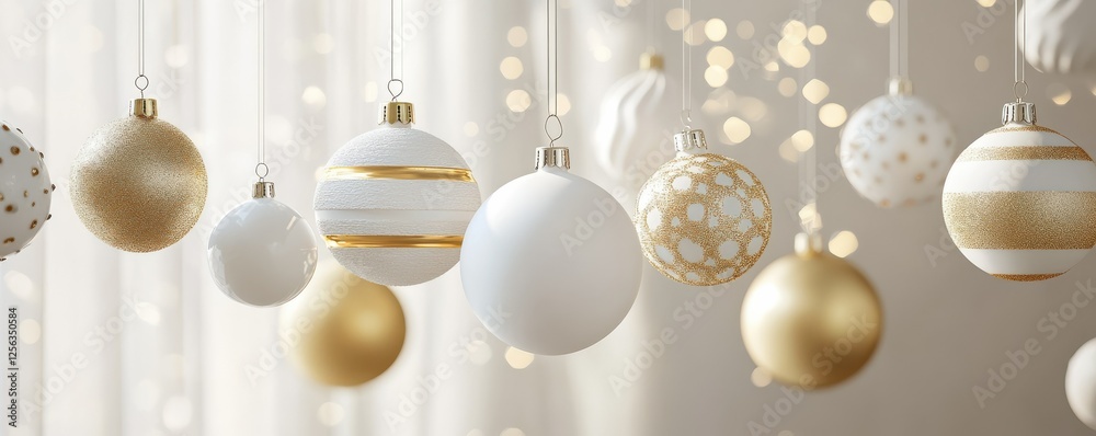 Elegant white and gold christmas ornaments with festive lighting Elegant white and gold christmas ornaments with festive lighting