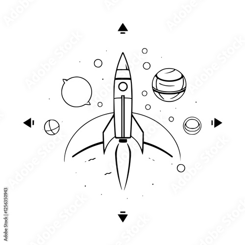 Rocket launch into space surrounded by planets and compass directions. Spacecraft, linear style.