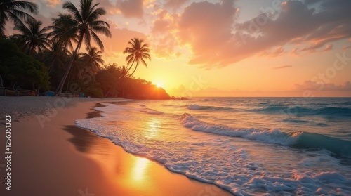 Serene Sunset Beach with Palm Trees