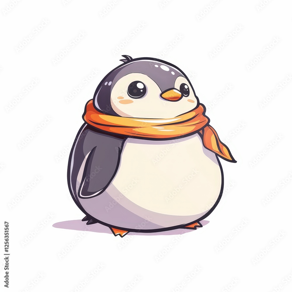 Obraz premium A cartoon penguin wearing a scarf is standing on a white background