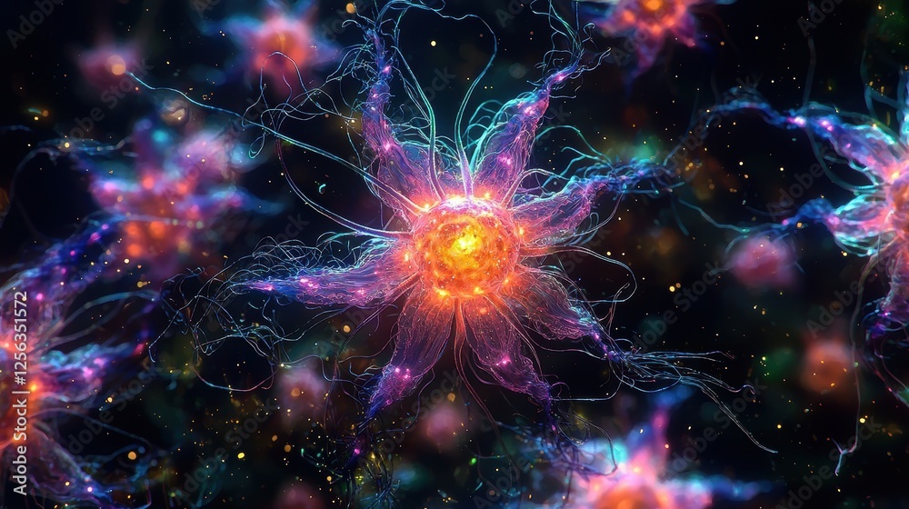 Obraz premium Vibrant depiction of abstract neurons with glowing connections in space.