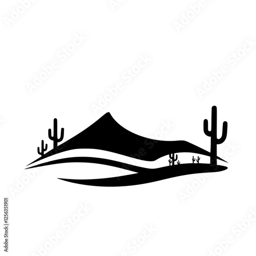Desertscape: Black and white silhouette of a mountain range with cacti.