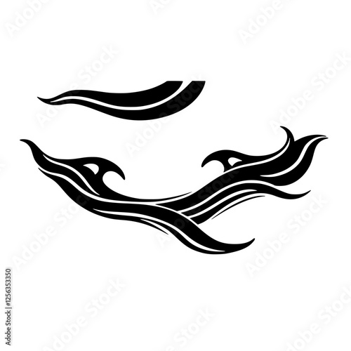 Black stylized waves and curved lines against a white background. An abstract illustration of a flowing design, a minimal and clean aesthetic.