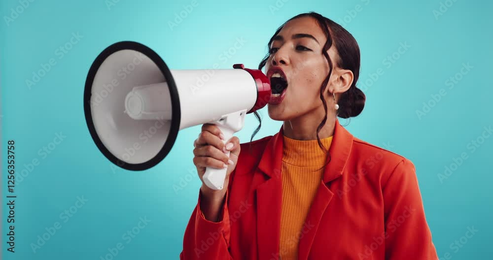 Woman, bullhorn and shouting in studio for announcement, voice and sound for equality by blue background. Girl, person and screaming with loudspeaker for inclusion, social justice and human rights Woman, bullhorn and shouting in studio for announcement, voice and sound for equality by blue background. Girl, person and screaming with loudspeaker for inclusion, social justice and human rights