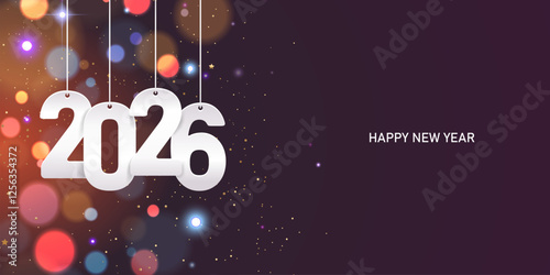 Happy new year 2026. Hanging white paper number with confetti on a colorful blurry background.