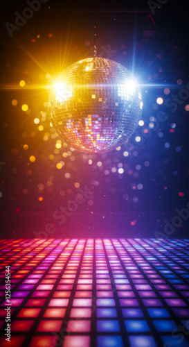 Colorful disco ball reflecting lights in a vibrant dance floor setting during an evening party. Vertical HD background.