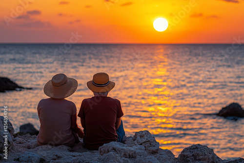 An elderly couple enjoying a warm, sunny evening, sunset and each other, on the seaside. ?oncepts about elderly activities, friendship, lifestyle, relationship and quality of life. Generative Ai photo