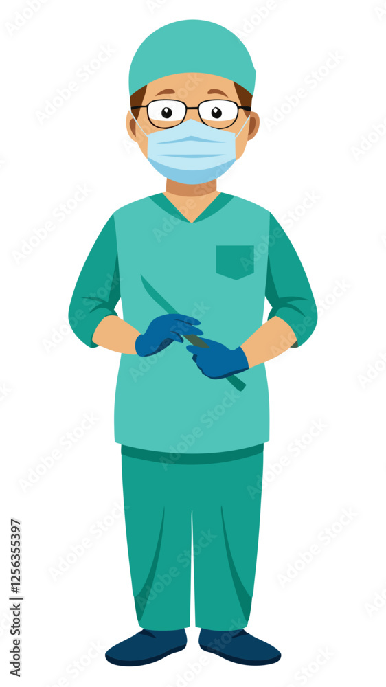 A surgeon wearing a surgical mask, gloves, and scrubs, holding a scalpel and preparing for surgery, isolated on white background.
A surgeon wearing a surgical mask, gloves, and scrubs, holding a scalpel and preparing for surgery, isolated on white background.