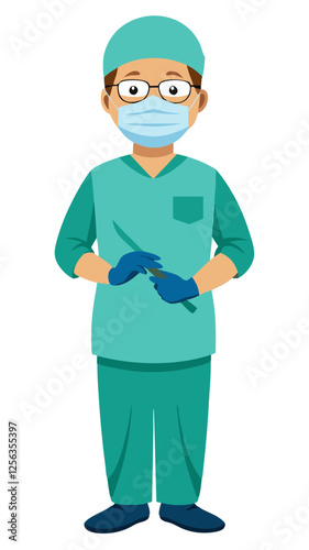 A surgeon wearing a surgical mask, gloves, and scrubs, holding a scalpel and preparing for surgery, isolated on white background.
