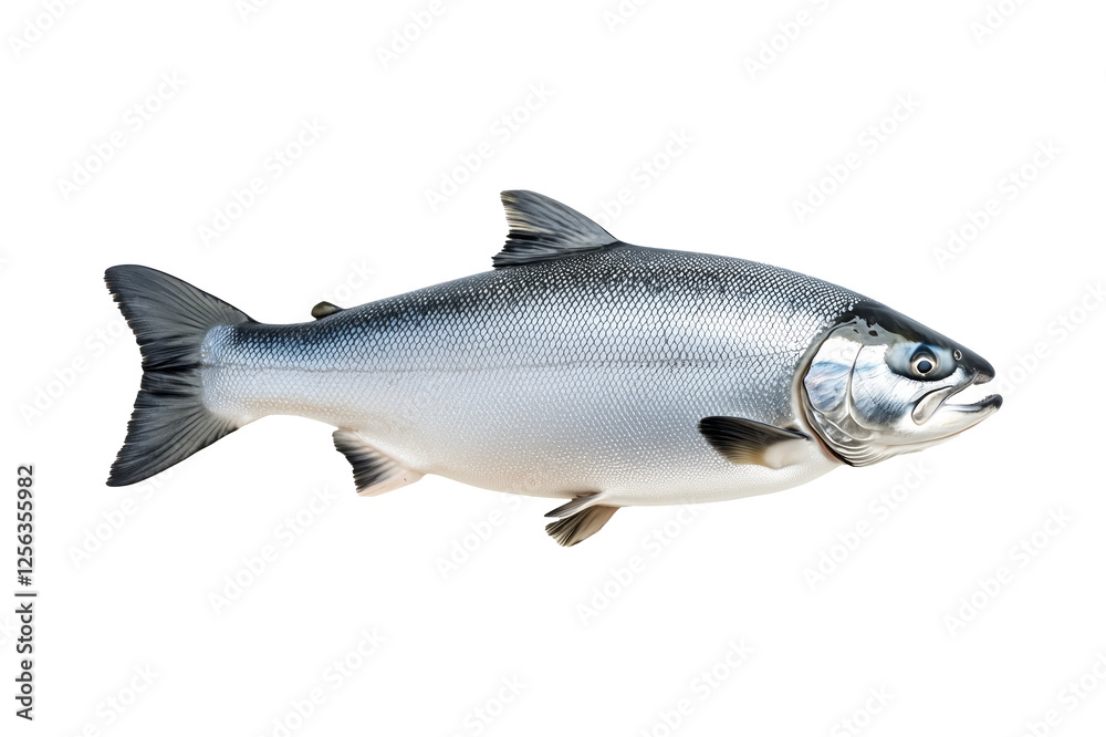 Fototapeta premium Silver salmon fish with fine details, textured scales and fins isolated on white transparent background.