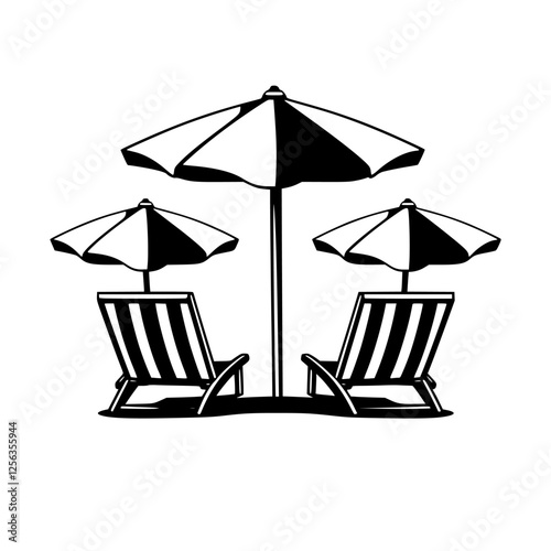 Beach umbrellas and lounge chairs.