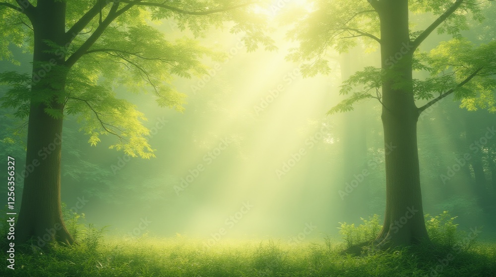 Fototapeta premium Tranquil Forest with Sunlight Streaming through Trees and Mist