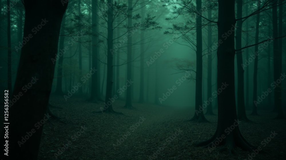 Fototapeta premium Mysterious and Enigmatic Forest Scene Enveloped in Fog and Shadows