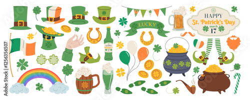 St. Patrick's Day set of elements and symbols. Green hats, four-leaf clovers, glasses of beer, pots with gold, flag, horseshoes, boots, and coins. Patricks Day celebration vector illustrations, icons.
