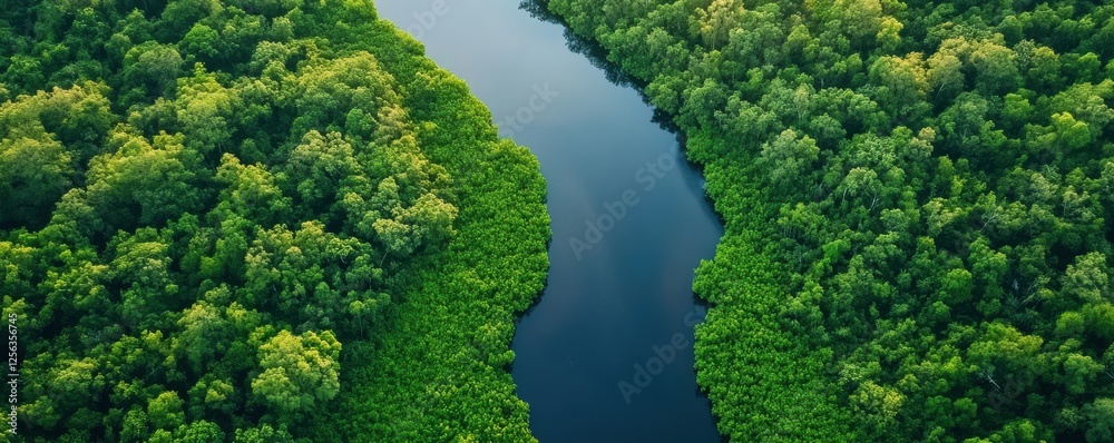 Lush green forest surrounding serene blue river aerial view Lush green forest surrounding serene blue river aerial view