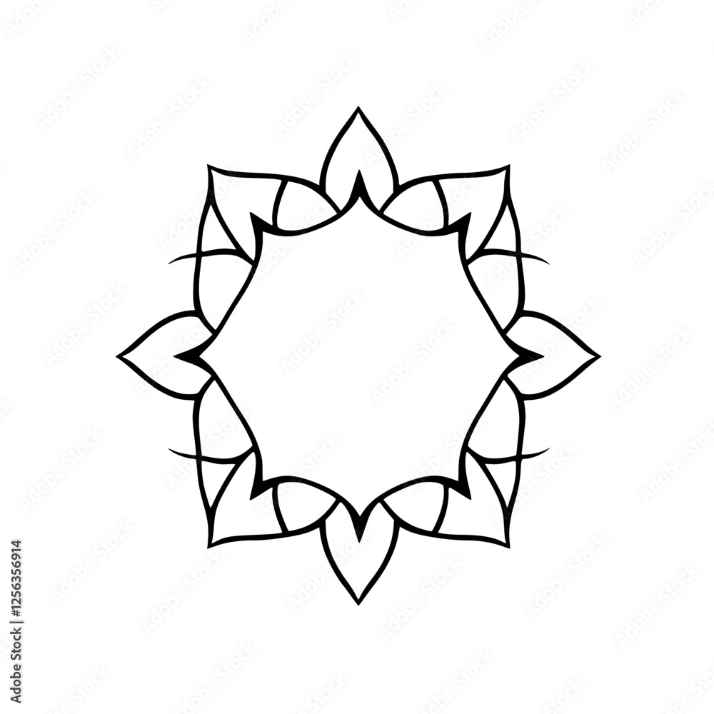 Simple Black and White Circular Mandala: An Elegant Floral Design with Detailed Outline on White. Simple Black and White Circular Mandala: An Elegant Floral Design with Detailed Outline on White.