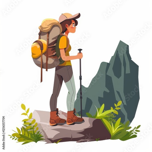 A woman is hiking up a mountain with a backpack and a pole photo