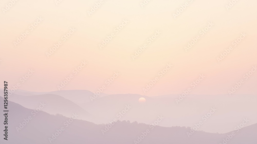 Soft Pastel Sunset Over Gentle Hills in Serene Atmospheric Setting Soft Pastel Sunset Over Gentle Hills in Serene Atmospheric Setting