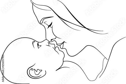 Mothers tender love, newborn baby, gentle kiss, line art, minimalist drawing, black and white, mater