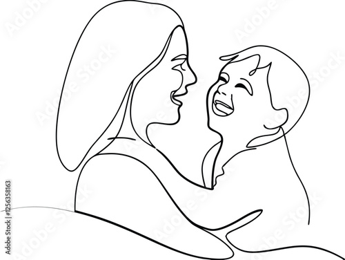 Mothers Love OneLine Drawing of Happy Mom and Child