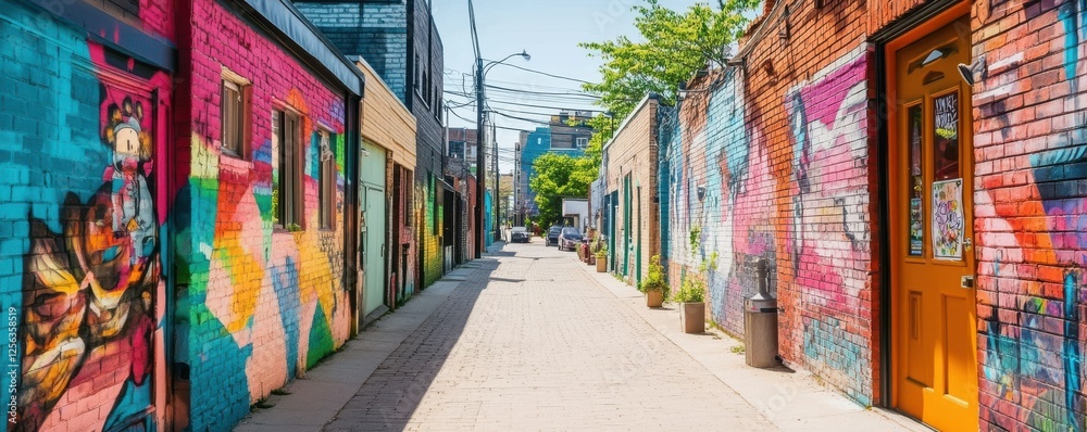 Fototapeta premium Colorful urban alley with vibrant street art and graffiti on brick walls