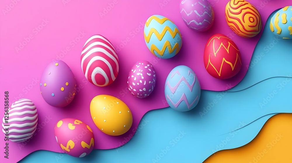 Fototapeta premium Assorted Colorful Easter Eggs on Pink and Blue Backdrop for Festive Spring