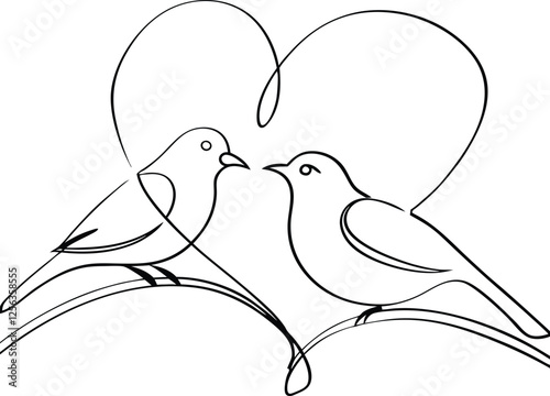 Two Birds in Love, HeartShaped Design, Line Art, Romantic Birds, Minimalist Drawing, OneLine Art, Si