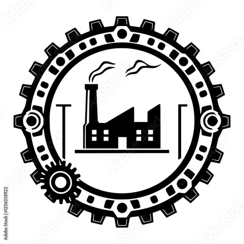 Circular industrial illustration with a factory inside a gear.