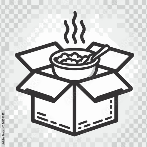 Line art of an open takeout box with steaming food inside