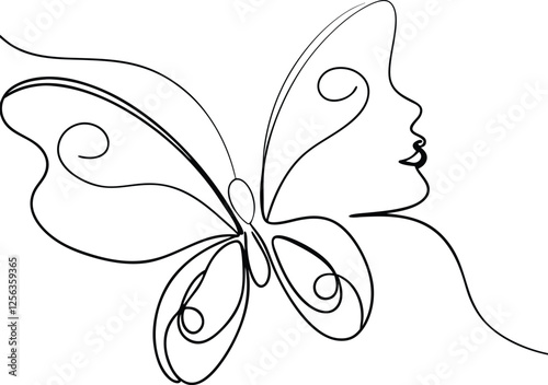 Elegant Butterfly Woman Line Art OneLine Drawing, Nature, Beauty, Grace