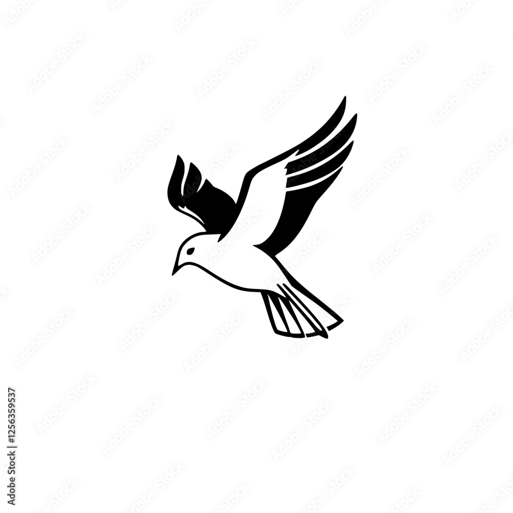 Fototapeta premium A flying dove illustration against a white background, highlighting the black and white contrast, and simple minimalistic design.