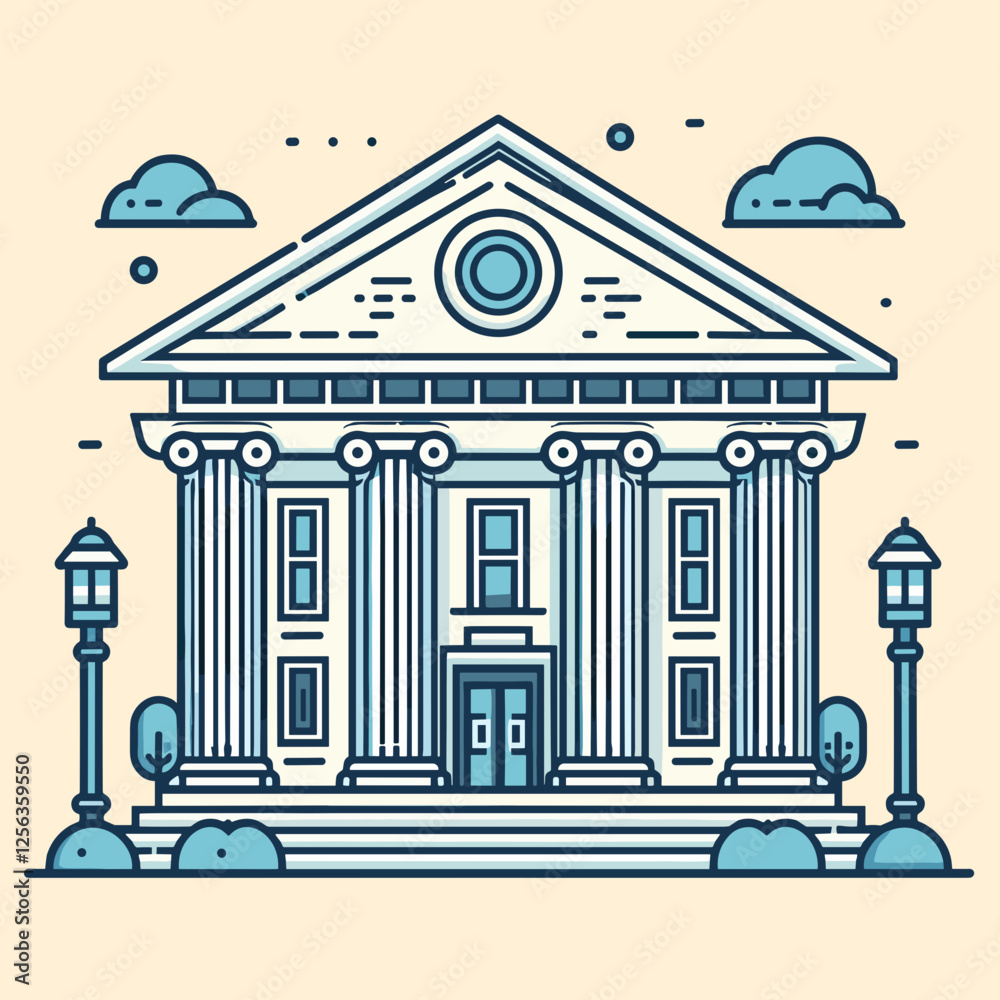 Fototapeta premium Stylized bank building icon with pillars and landscape elements representing finance and stability