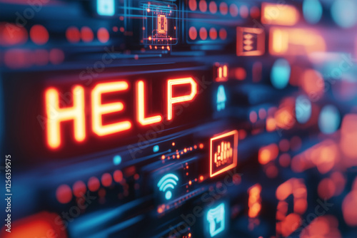 Computer display shows urgent help message with vibrant red text and digital interface elements during night hours