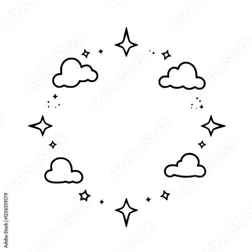 Starry Sky Celestial Motif: Minimalist outline of a wreath featuring stars, clouds, and a clear white background.