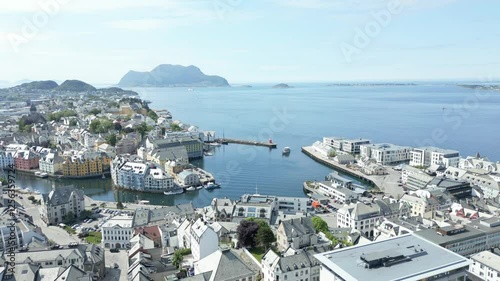 Oslo Cityscape Harbor Norway Aerial View, Beautiful panoramic aerial view from flying drone for Oslo city center. Against the background of the sea, mountains and blue sky on a sunny summer day