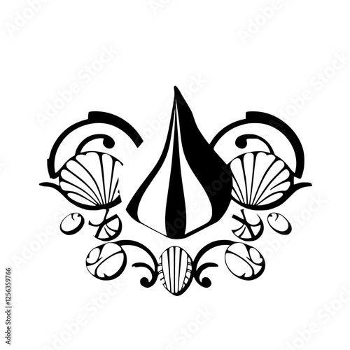 A symmetrical black and white abstract design featuring a central teardrop shape, framed by a decorative black and white organic pattern,