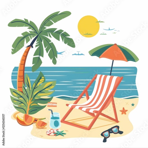 A beach scene with a palm tree, a chair, an umbrella, and a glass of juice