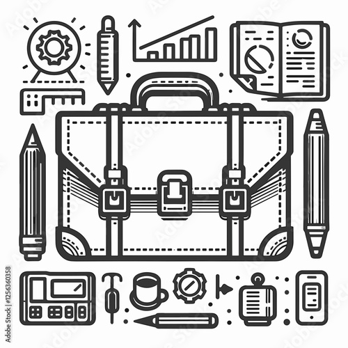 Stylized business briefcase surrounded by office supplies and charts representing professionalism and work environment