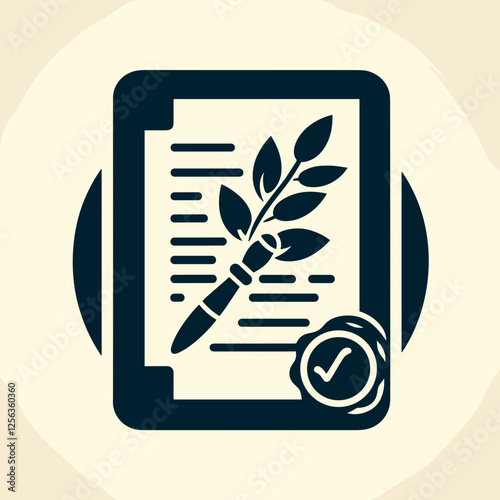 Stylized document with a pen and leaf, featuring a seal representing writing, approval, and nature integration