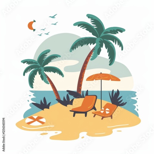 A tropical island with palm trees and a beach
