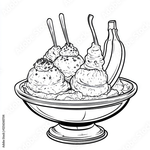 Line art drawing of banana split sundae.