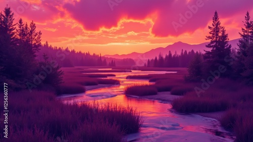 Serene Sunset Over Tranquil Marshland and Majestic Mountains