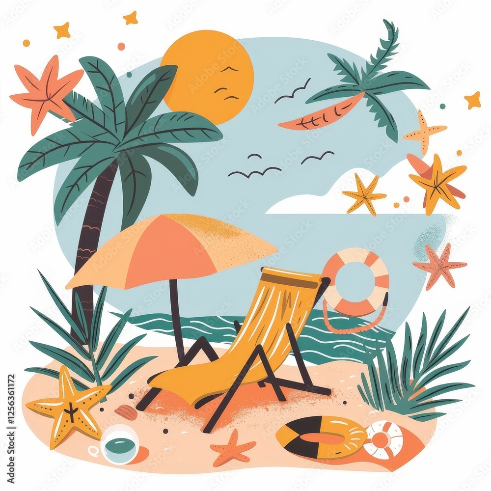A beach scene with a yellow umbrella and a lounge chair A beach scene with a yellow umbrella and a lounge chair