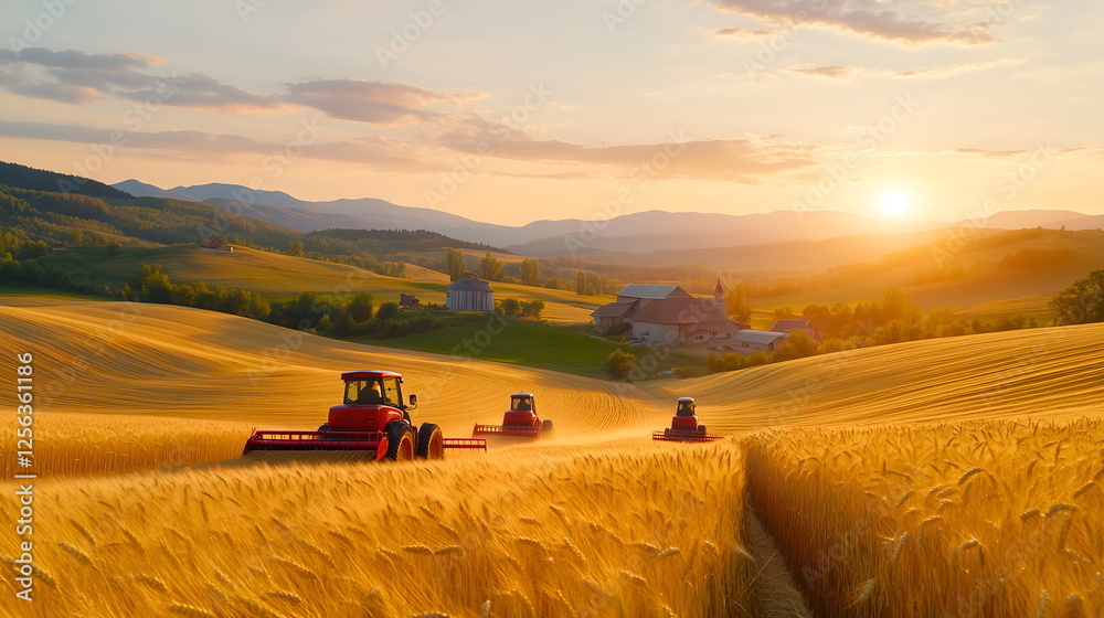 Fototapeta premium A group of farmers harvesting golden wheat at sunset, with warm golden light and long shadows stretching across the field