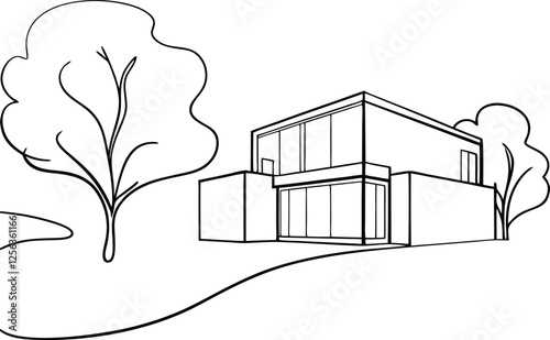 Modern House Design Sketch, Landscaping, Minimalist Architecture, Trees, Exterior